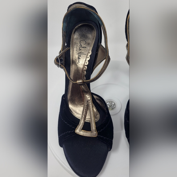 Cole Haan Black Velvet & Brassy Gold Open Toe Stilletto T-Strap Heels - Picture 2 of 16
